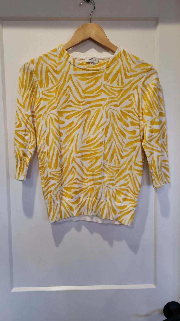 Cyrillus Paris Yellow and White Zebra Print 3/4 Sleeve Knit Sweater, size S